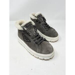 Prada Gray Suede Shearling Lined Platform Hi-Top Sneaker Boot Triangle Logo  37